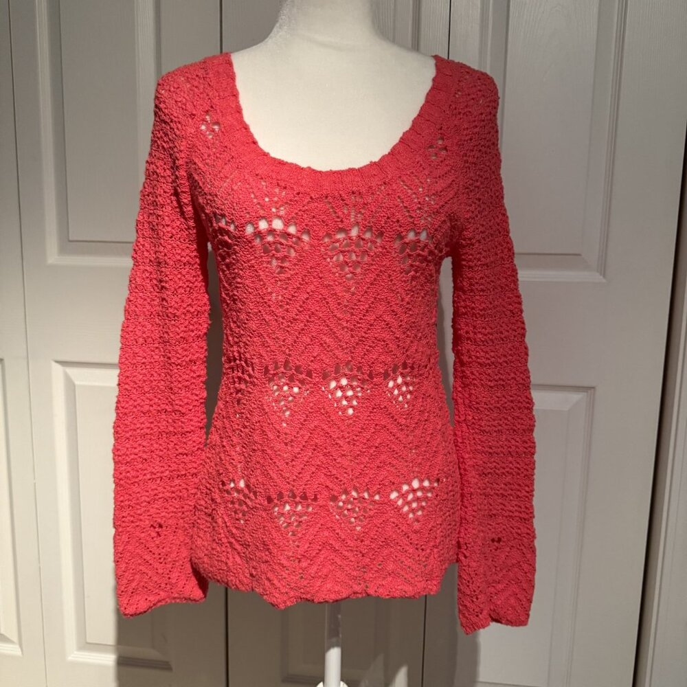 Lucky Brand Live in Love Women’s Pink Long Sleeve Sweater Crocheted Size Medium